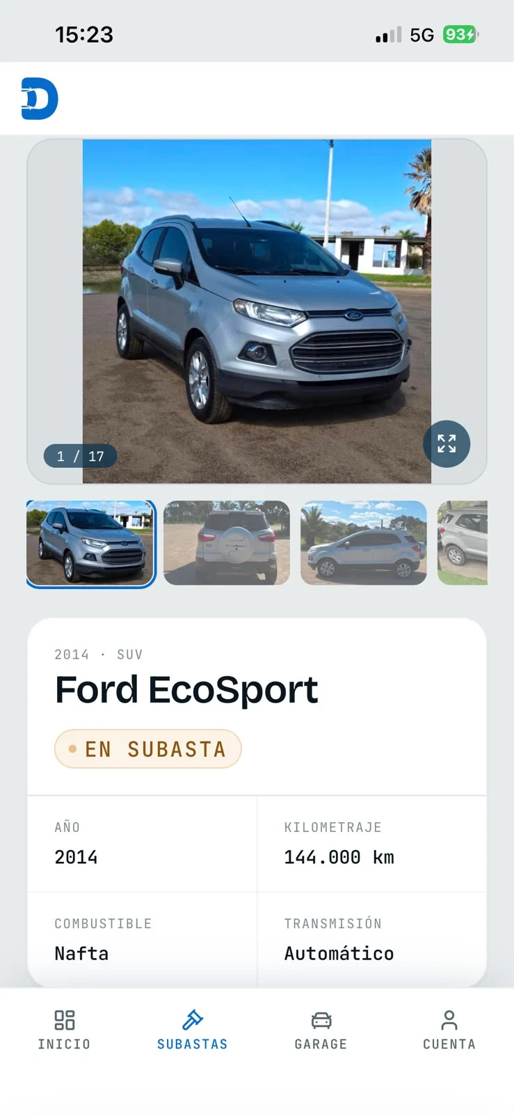 Captura real de Drivo: ficha de una Ford EcoSport en la plataforma de subastas.
